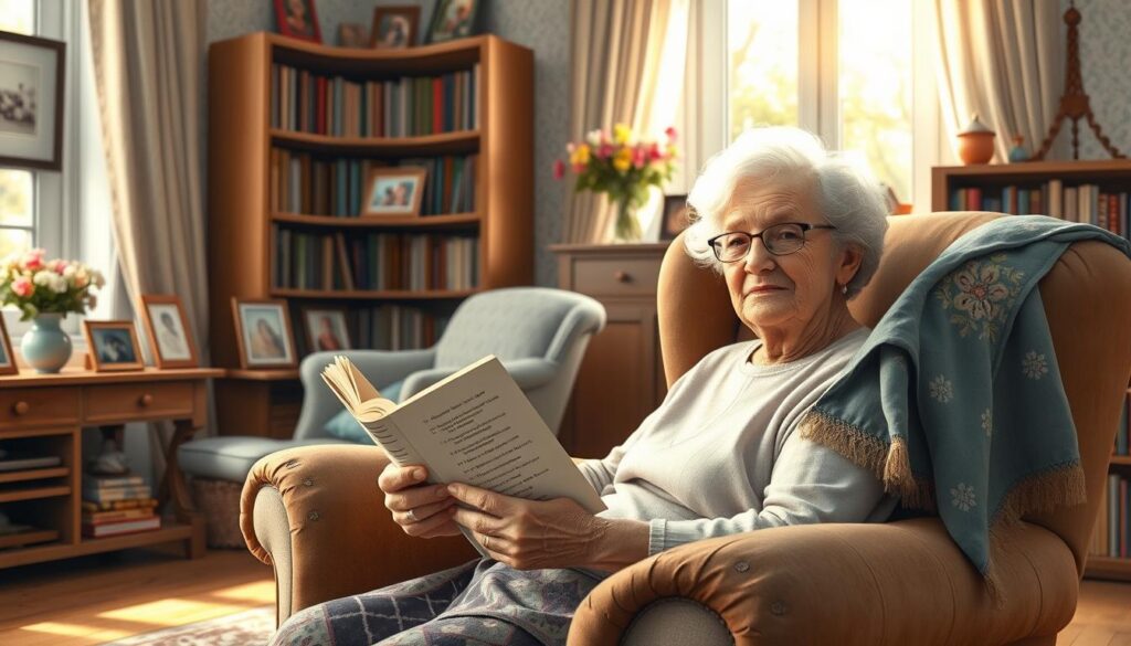 A serene, hand-painted scene of a cozy living room. In the foreground, an elderly woman sits in a plush armchair, her hands gracefully holding a book of poems. Soft, natural light filters in through a window, casting a warm glow on her weathered but kind face. The room is adorned with delicate floral arrangements, family photographs, and a handmade quilt draped over the chair's arm. In the background, bookshelves line the walls, hinting at a lifetime of stories and wisdom. The overall atmosphere is one of quiet contemplation and heartfelt appreciation for the comforts of home and the beauty of the written word.