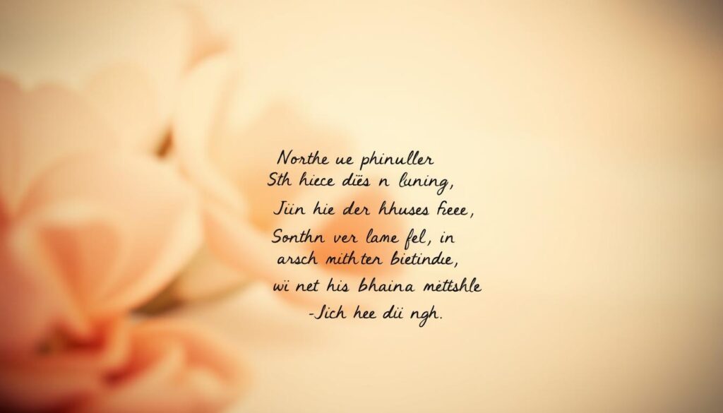 A serene, hand-written calligraphic display of short, lyrical German poems against a soft, pastel-toned backdrop. The verses, penned in delicate brushstrokes, evoke a sense of tenderness and affection, as if written from a child to a loving mother. The composition features a central focus on the poetic text, with a gentle wash of muted colors in the background, perhaps suggesting a floral or abstract pattern. The lighting is diffused and warm, creating a cozy, intimate atmosphere that reinforces the heartfelt sentiment of the words. The perspective is slightly angled, adding a touch of artistry and drawing the viewer's gaze towards the beautiful, emotive poetry.