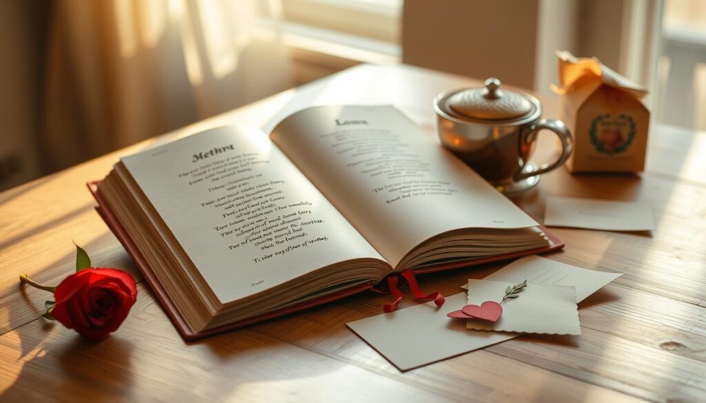 A serene, handwritten book of poems laying open on a wooden table, illuminated by soft, warm light streaming through a window. Delicate, flowery illustrations adorn the pages, evoking the tender emotions of motherly love. The book is surrounded by a few simple, thoughtful gifts - a single red rose, a cup of tea, and a handwritten card. The overall atmosphere is one of intimate, heartfelt sentiment, perfect for capturing the essence of "Emotions Captured in Poems" for Mother's Day.