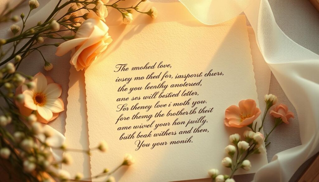 A serene, handwritten letter on cream-colored parchment, nestled among delicate flowers and soft, hazy light. The message, written in elegant calligraphy, conveys a heartfelt, poetic tribute to the unconditional love and unwavering support of a mother. The composition evokes a sense of timelessness, tenderness, and the profound significance of the mother-child bond. Warm, golden illumination bathes the scene, creating an atmosphere of reverence and tranquility. The overall effect is a visually striking and emotionally resonant representation of the importance of poetic expressions of gratitude and appreciation for mothers.