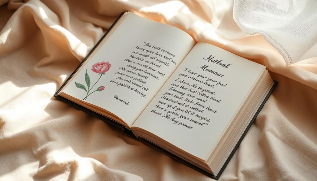 A serene, handwritten poetry book with a floral-illustrated cover, resting on a soft, warm-toned fabric. The pages feature delicate, calligraphic script presenting heartfelt, lyrical verses. Gentle, diffused natural light bathes the scene, creating a dreamy, contemplative atmosphere. The composition emphasizes the book's tactile, artisanal quality, inviting the viewer to engage with the tender, maternal sentiments expressed within.