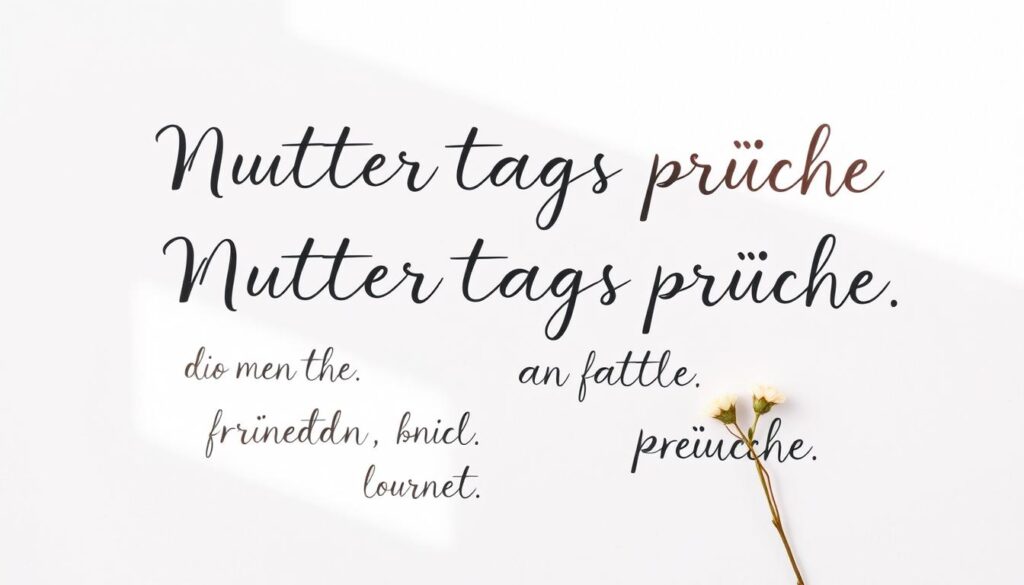 A serene, handwritten-style arrangement of heartfelt "Muttertagsprüche" (Mother's Day slogans) on a textured, light-colored background. The phrases are elegantly displayed in a calligraphic script, with subtle flourishes and variations in the lettering, conveying a sense of artisanal craftsmanship. The layout is balanced and visually appealing, with the phrases arranged in a pleasing, organic composition. Soft, natural lighting illuminates the scene, creating a warm, inviting atmosphere that evokes sentiments of gratitude and appreciation. The overall mood is sincere, personal, and reflective of the special occasion being celebrated.