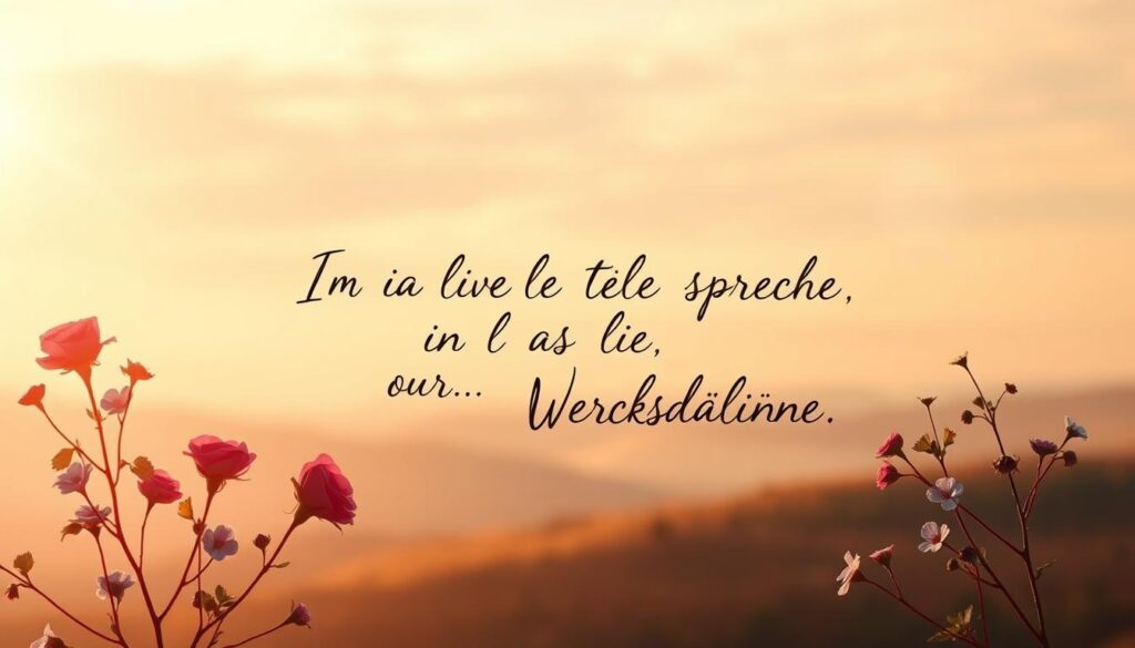 A serene, handwritten-style calligraphic composition against a warm, ethereal backdrop. In the foreground, delicate floral elements like roses and forget-me-nots frame an inspirational phrase rendered in an elegant script, conveying heartfelt gratitude and emotional resonance. The middle ground features a softly blurred, pastel-toned landscape with rolling hills and a tranquil sky, creating a sense of peaceful contemplation. Subtle lighting from above casts a gentle, diffused glow, highlighting the sincerity and sentiment embodied in the artwork. An intimate, reflective mood permeates the scene, perfectly suited to illustrate the concept of "Emotionale Sprüche zur Wertschätzung".