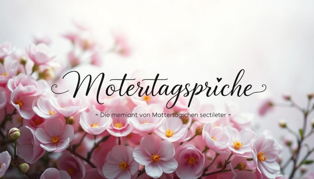 A serene, handwritten-style calligraphic text decoration against a soft, pastel-hued floral backdrop. The words "Muttertagssprüche" are elegantly penned in a flowing script, with delicate, hand-drawn flourishes surrounding the text. The background features a lush array of blooming flowers in shades of pink, lavender, and white, creating a warm, sentimental atmosphere. Soft, diffused lighting casts a gentle glow, evoking a sense of intimacy and appreciation. The composition is balanced and harmonious, conveying the meaningful message of the section title "Die Bedeutung von Muttertagssprüchen".