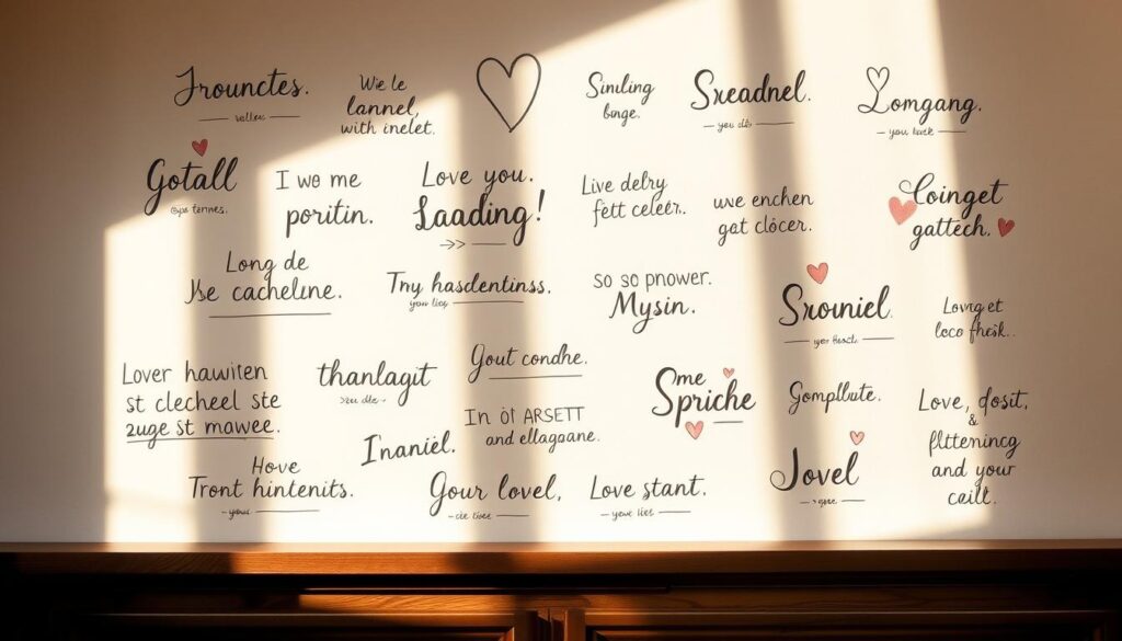 A serene, handwritten-style composition featuring a collection of heartfelt, hand-lettered "emotionale Sprüche" against a soft, pastel-colored background. The phrases, rendered in a variety of expressive calligraphic styles, convey a range of emotional sentiments - from love and gratitude to inspiration and comfort. Gentle natural lighting casts warm, diffused shadows, creating a cozy, intimate atmosphere. The layout has a balanced, harmonious flow, with the text elements arranged in a visually appealing, organic manner. This image evokes a sense of thoughtfulness, authenticity, and the power of words to touch the heart.