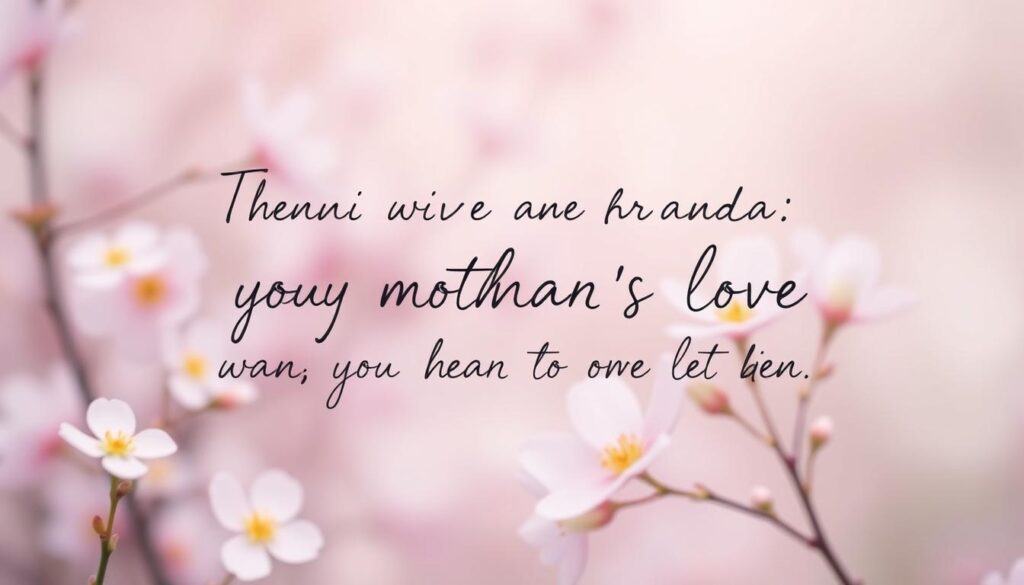 A serene, handwritten-style cursive text against a soft, blurred background of delicate spring flowers and pastel hues, gently moving and swaying as if caught in a gentle breeze. The words convey a heartfelt, emotional message of gratitude and appreciation for a mother's love, with a sense of warmth, intimacy, and tender moments shared. The composition strikes a balance between the focal text and the dreamy, ethereal setting, creating a visually captivating and sentimental image that evokes the spirit of cherished motherly bonds.