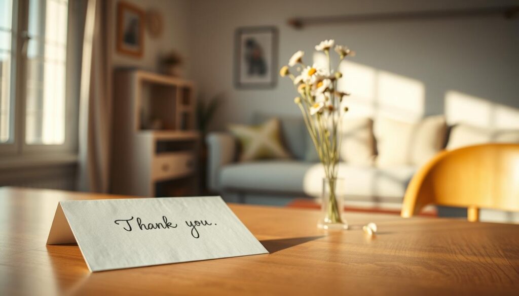 A serene, heartfelt scene depicting the importance of expressions of gratitude. In the foreground, a hand-written thank-you note rests on a wooden table, its elegant calligraphy conveying genuine appreciation. A soft, natural light filters through the window, casting a warm glow over the scene. In the middle ground, a bouquet of freshly-picked wildflowers stands tall, symbolizing the beauty that can blossom from sincere thankfulness. The background features a cozy, inviting interior, with simple furnishings that create a sense of comfort and thoughtfulness. The overall mood is one of calm, reverence, and the profound impact that heartfelt words of gratitude can have.