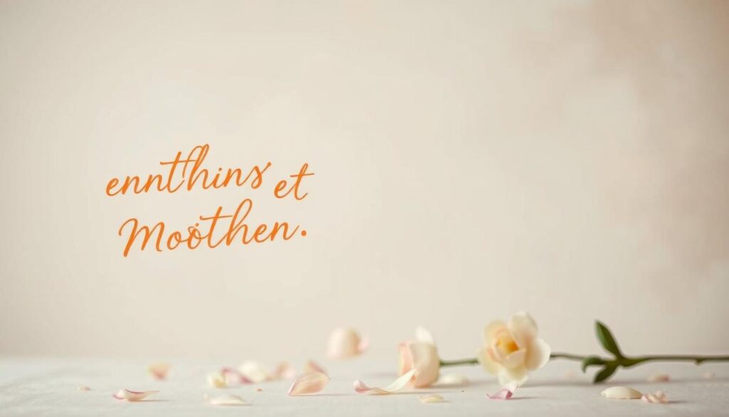 A serene, heartfelt scene of "einfühlsame Sprüche" for a Mother's Day celebration. In the foreground, a delicate calligraphic script in warm tones floats, conveying messages of love and gratitude. The middle ground features a soft, hazy floral arrangement, petals drifting gently, evoking a sense of tenderness. The background is a muted, pastel-colored gradient, providing a calming, contemplative atmosphere. The lighting is soft and diffused, creating a dreamlike, intimate mood. The overall composition is balanced and harmonious, reflecting the loving sentiments of the "Muttertagssprüche vom Partner - Liebe und Dank".