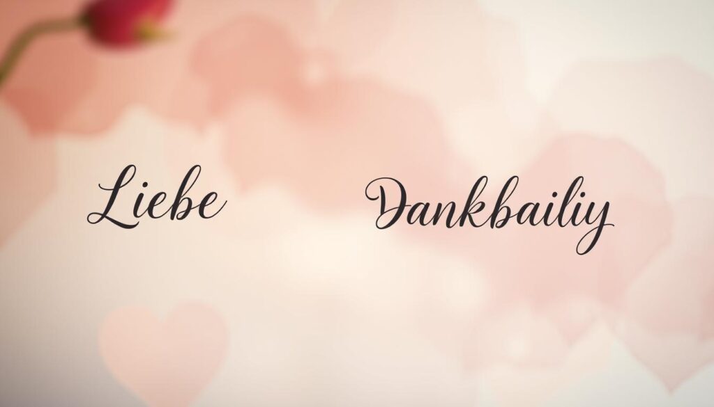 A serene, heartfelt scene of emotionally charged handwritten calligraphy phrases floating against a soft, blurred background. In the foreground, the flowing strokes of inspirational words like "Liebe" and "Dankbarkeit" are illuminated by warm, natural lighting, casting a gentle glow. In the middle ground, a abstract, textural composition of muted, watercolor-like washes in soothing tones of pink, lavender, and sage creates a dreamlike, ethereal atmosphere. The overall mood is one of tender, poignant emotion, inviting the viewer to reflect on the profound sentiments expressed.
