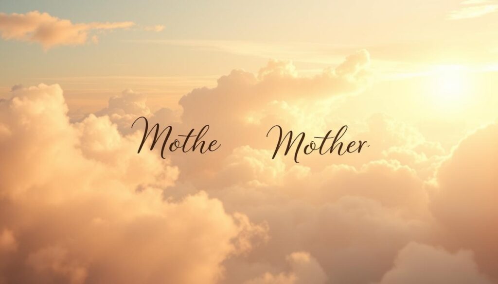 A serene, heavenly landscape with soft, warm lighting illuminating a pair of elegant, flowing handwritten calligraphic phrases suspended in the air, delicately honoring a departed mother. The phrases appear to be handwritten in a calligraphic script, gracefully floating amidst wispy clouds and a golden, ethereal glow. The scene conveys a sense of reverence, nostalgia, and a heartfelt tribute to a beloved mother who has passed on, her memory cherished in the hearts of those she left behind.