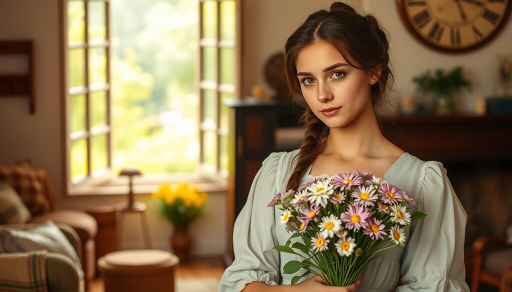 A serene, idyllic scene depicting the historical origins of Mother's Day. In the foreground, a young woman in traditional 19th-century dress gently holds a bouquet of spring flowers, her gaze filled with tenderness. Behind her, a cozy domestic interior comes into view, with a warm fireplace and handcrafted furnishings evoking a sense of comfort and family. In the background, a window opens to a lush, verdant garden, bathed in soft, golden light that filters through the panes. The overall atmosphere is one of reverence, nostalgia, and the timeless bond between mothers and their loved ones.