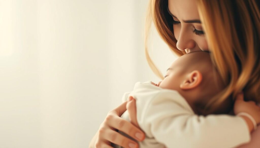 A serene, intimate mother-child portrait captured in soft, warm lighting. A young mother tenderly embraces her child, their gaze locked in a moment of deep connection and affection. The pair are framed against a blurred, ethereal background, emphasizing the profound bond between them. Delicate, pastel hues create a soothing, tranquil atmosphere, evoking a sense of love, comfort, and the inherent strength of the maternal-filial relationship. The composition is balanced and harmonious, drawing the viewer's attention to the emotional intimacy shared between the figures. This image celebrates the special, cherished connection between a mother and her child.