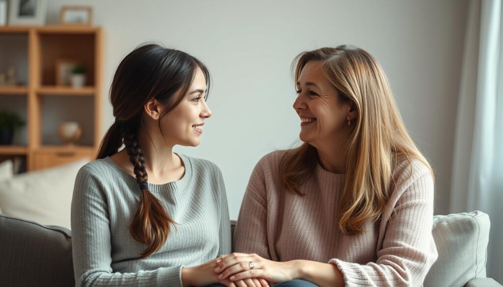 A serene, intimate mother-daughter portrait set in a soft, natural light. The mother and daughter sit facing each other, engaged in thoughtful conversation, their expressions conveying the depth of their connection. The daughter's gaze is filled with reverence and admiration, while the mother's face radiates a nurturing, understanding smile. The background is blurred, allowing the focus to remain on their connection. Subtle, earthy tones lend a warm, comforting atmosphere, reflecting the emotional intimacy of their relationship.
