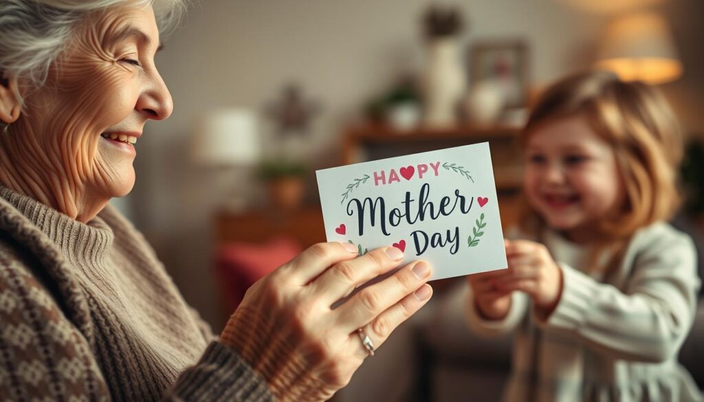 A serene, intimate scene of a loving grandmother receiving a heartfelt, handmade Mother's Day card from her grandchild. In the warm, cozy foreground, the grandmother's weathered hands delicately hold the card, her face lit by a soft, affectionate smile. The middle ground features the grandchild, a young child, presenting the card with a joyful, reverent expression. The background is a blurred, inviting interior, with gentle lighting and comforting decor evoking a sense of family and tradition. An image that captures the deep, enduring bond between grandparent and grandchild, and the cherished, sentimental nature of Mother's Day for grandmothers.