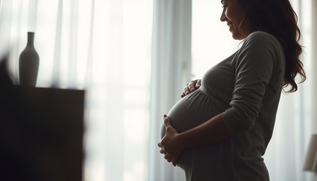 A serene, intimate scene of a pregnant woman in a softly lit, cozy indoor setting. The woman is standing sideways, gently cradling her baby bump with a warm, tender expression. Soft, muted lighting from a nearby window bathes the scene in a gentle, diffused glow, creating a sense of tranquility and introspection. The background is blurred, with subtle, muted tones that complement the central figure, allowing the viewer to focus on the woman's peaceful, joyful demeanor as she celebrates the miracle of new life. The composition is balanced and harmonious, conveying the beauty and wonder of pregnancy.