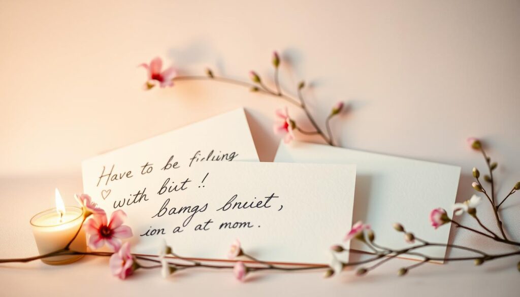 A serene, intimate scene of heartfelt, handwritten love notes against a soft, pastel-hued backdrop. Delicate floral accents and a warm, diffused lighting create a cozy, comforting atmosphere. The notes are elegantly arranged, their cursive script conveying tenderness and affection. A sense of care and thoughtfulness permeates the composition, reflecting the loving spirit of the "best mom." The overall mood is one of quiet reverence, capturing the essence of the special bond between a mother and child.