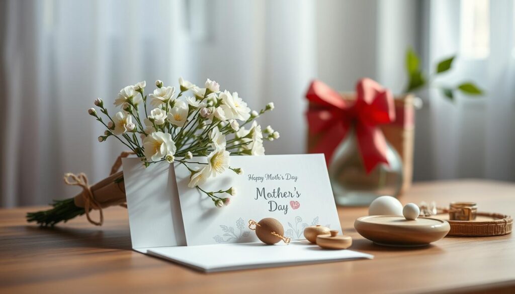 A serene, intimate scene of thoughtfully curated Mother's Day gifts against a softly blurred background. In the foreground, a delicate bouquet of spring flowers, a heartfelt greeting card, and a set of artisanal trinkets arranged with care on a wooden tabletop. Gentle natural lighting filters through a window, casting a warm, diffused glow over the arrangement. The overall mood is one of quiet contemplation and heartfelt appreciation, inviting the viewer to imagine the poetic sentiments these gifts will convey.