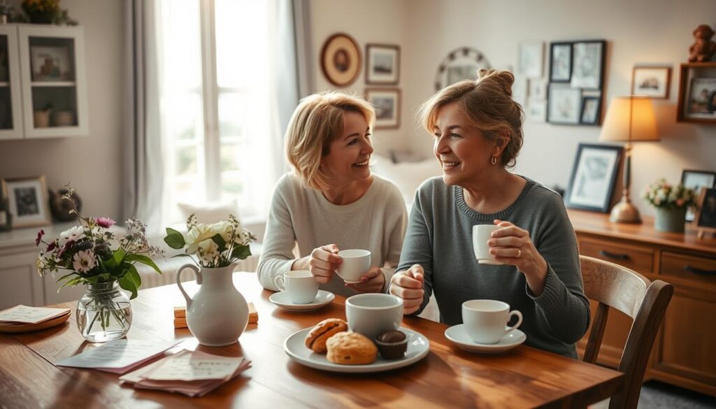 A serene kitchen scene with a warm, cozy atmosphere. In the foreground, two women - a mother and her adult daughter - sit at a wooden table, enjoying a heartfelt conversation over cups of tea. Soft natural light filters in through a large window, casting a gentle glow on their faces. In the middle ground, the kitchen countertop is adorned with handwritten notes, homemade baked goods, and a vase of freshly picked flowers. The background features a cozy living room with family photographs and personal mementos, conveying a sense of cherished memories and traditions. The overall mood is one of love, appreciation, and the celebration of the special bond between mothers and their closest friends.