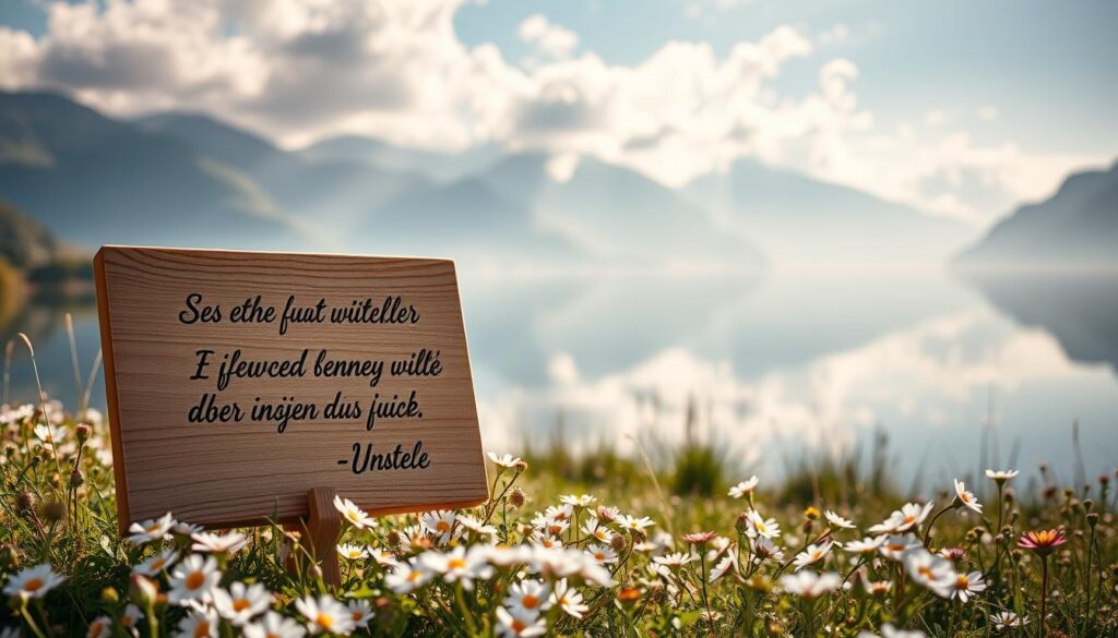 A serene landscape with a tranquil lake reflecting the surrounding mountains. In the foreground, a hand-written message on a wooden plaque displaying a comforting quote, its elegant calligraphy conveying a sense of thoughtfulness and care. The plaque is positioned among a soft bed of wildflowers, their delicate petals swaying gently in the breeze. Warm, diffused lighting filters through wispy clouds, creating a soothing, contemplative atmosphere. The overall scene evokes a feeling of solace and emotional support, perfectly capturing the essence of "Trostspendende Sprüche".