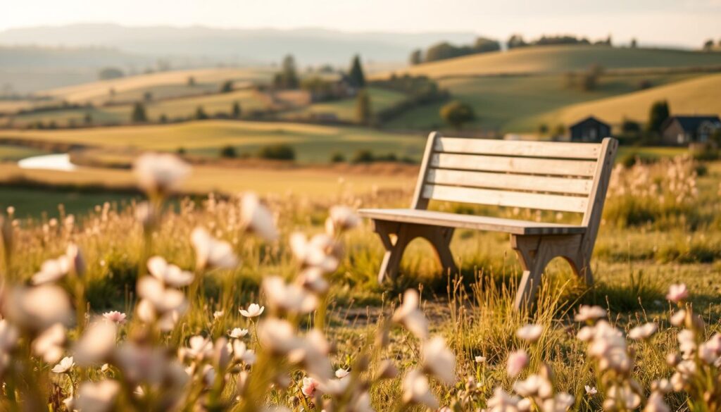 A serene landscape with soft, pastel-colored flowers blooming in the foreground, their petals gently swaying in a light breeze. In the middle ground, a wooden bench stands, inviting the viewer to sit and reflect. The background features a picturesque countryside scene, with rolling hills, a distant stream, and a warm, golden-hour lighting that bathes the entire composition in a dreamlike, nostalgic atmosphere. The overall mood is one of tranquility, contemplation, and the celebration of motherhood.