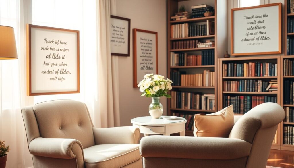 A serene living room setting, bathed in a warm, soft glow of natural light filtering through sheer curtains. In the foreground, a cozy armchair with plush upholstery, inviting the viewer to sink in and contemplate the framed quotes adorning the walls. The middle ground features a delicate side table with a vase of freshly cut flowers, evoking a sense of timeless elegance. In the background, bookshelves filled with volumes of wisdom stand as a testament to the intellectual depth of the space. The overall atmosphere exudes a comforting, grandmotherly ambiance, perfect for reflecting on the profound insights about the enduring wisdom of elders.