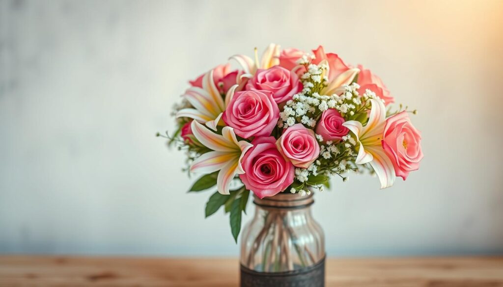 A serene, luminous, and aesthetically pleasing image showcasing a bouquet of delicate flowers, including vibrant roses, lilies, and baby's breath, gracefully arranged in a rustic, wooden vase. The floral arrangement is set against a soft, blurred background, creating a tranquil and inviting atmosphere. The lighting is warm and diffused, casting a gentle glow on the flowers and enhancing their natural beauty. The overall composition is balanced and harmonious, evoking a sense of love, appreciation, and gratitude - the perfect visual representation of the "most beautiful Mother's Day quotes for every taste."