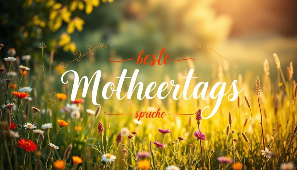 A serene meadow bathed in soft, golden light, dotted with vibrant wildflowers and lush foliage. At the center, a beautifully calligraphed typographic composition featuring elegant, cursive "Beste Muttertags-sprüche" rendered in a warm, earthy palette. The composition is framed by delicate, handwritten script and whimsical flourishes, creating a heartfelt, homespun feel. The overall scene evokes a sense of gratitude, appreciation, and the unconditional love of a mother.
