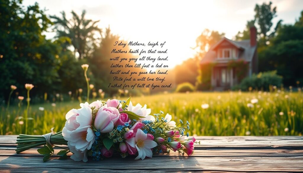 A serene meadow under a warm afternoon sun, with a soft, dreamy atmosphere. In the foreground, a bouquet of delicate wildflowers - peonies, lilies, and forget-me-nots - resting atop a weathered wooden table. Behind it, a handwritten poem, its words flowing like a gentle stream, framed by a rustic wooden border. In the background, a picturesque cottage surrounded by lush, verdant foliage, exuding a sense of tranquility and maternal warmth. The overall scene evokes a heartfelt and sentimental tribute to mothers, a celebration of the poetic and nurturing essence of motherhood.