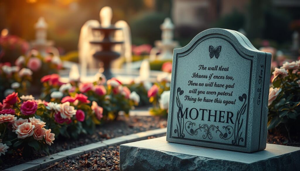 A serene memorial garden, filled with blooming flowers and tranquil fountains, serves as the backdrop for a touching tribute to mothers who have passed away. In the foreground, a delicate stone monument stands, its surface adorned with a tender inscription honoring their memory. Warm, diffused lighting creates a contemplative ambiance, while a soft, muted color palette evokes a sense of reverence and solemnity. The scene conveys a tranquil, melancholic beauty, inviting visitors to reflect on the cherished legacies of the mothers being remembered.