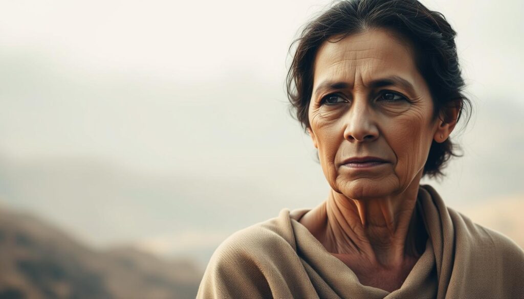 A serene, minimalist composition depicting a thoughtful, adult mother figure against a backdrop of soft, hazy light. Her expression is pensive, conveying a sense of deep, introspective wisdom. The foreground features her face in subdued, earthy tones, while the middle ground showcases her upper body, draped in a simple, elegant shawl. The background is a blurred, ethereal landscape, evoking a sense of tranquility and inner reflection. The overall mood is one of quiet contemplation, inviting the viewer to ponder the profound, insightful sentiments that a mother's life experience can impart.
