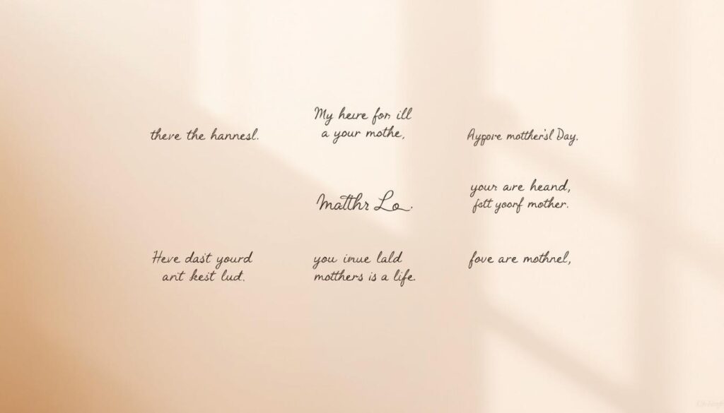 A serene, minimalist composition featuring a series of short, inspirational phrases handwritten in a stylish cursive script against a soft, muted background. The phrases should convey simple yet heartfelt messages of gratitude and appreciation for a mother's love and care. Use a gentle, natural lighting that casts warm, diffused shadows, creating a sense of intimacy and thoughtfulness. Frame the phrases in a balanced, geometric layout to give the image a clean, modern aesthetic. Maintain a calming, pastel color palette to evoke a tranquil, reflective mood suitable for a Mother's Day celebration.