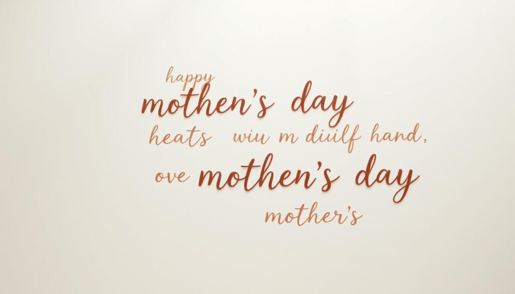 A serene, minimalist composition showcasing a collection of handwritten, carefully crafted mother's day phrases against a soft, ethereal background. The phrases should be written in a delicate, calligraphic style using muted, earthy tones that evoke a sense of warmth and intimacy. The layout should be balanced and harmonious, with the phrases arranged in a visually appealing manner, perhaps overlapping or slightly staggered to create a sense of depth and movement. The background should be a gentle gradient or textured surface, such as a muted watercolor wash or a lightly distressed paper, to provide a calm and contemplative atmosphere. Subtle lighting from above casts soft, diffused shadows, enhancing the tactile and handcrafted feel of the composition.