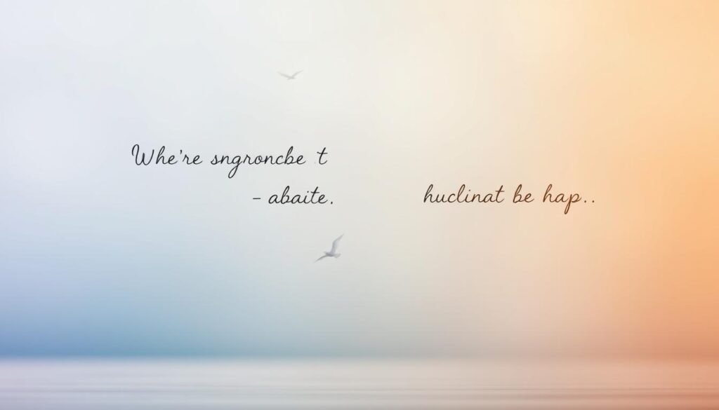 A serene, minimalist scene of handwritten WhatsApp-style quotes against a soft, blurred background. The foreground features elegant, cursive text in various pastel shades floating weightlessly, as if suspended in midair. The middle ground blends out of focus, hinting at a tranquil, pastel-tinted environment. The background is a gently out-of-focus, ethereal gradient, creating a sense of depth and a calming, contemplative atmosphere. Soft, diffused lighting from an unseen source casts a warm, gentle glow across the composition. The overall aesthetic is one of simplicity, introspection, and the heartfelt sentiments expressed through digital messaging.