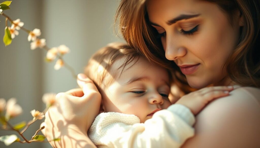 A serene mother and child in an intimate embrace, bathed in soft, warm lighting. The mother's tender gaze and gentle touch conveying a profound, unspoken connection. The child's peaceful expression reflecting the security and comfort of their bond. Delicate flowers and leaves in the background, hinting at the natural, nurturing environment. Captured with a shallow depth of field, emphasizing the emotional focus. The composition is balanced and harmonious, evoking a sense of tranquility and unconditional love.