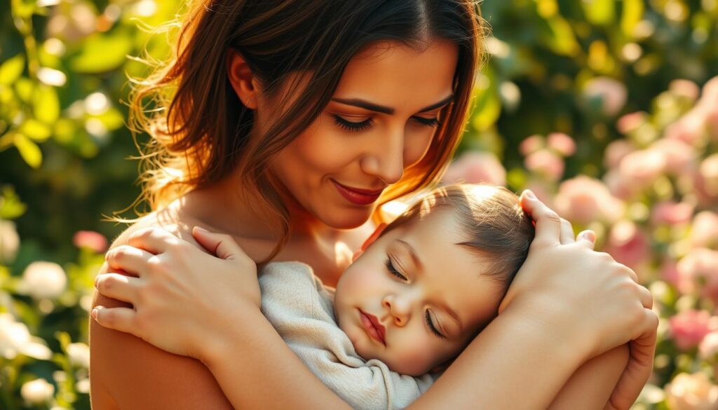 A serene mother and child sharing a tender moment in a sun-dappled garden. The warm, golden light filters through the lush foliage, casting a soft glow on their faces as they embrace. The mother's expression is one of pure love and adoration, her hands gently cradling the child's head. The child, eyes closed, nuzzles into the comfort of the mother's arms, a look of pure contentment on their face. In the background, a blurred floral backdrop provides a natural, organic setting for this intimate, heartwarming scene.
