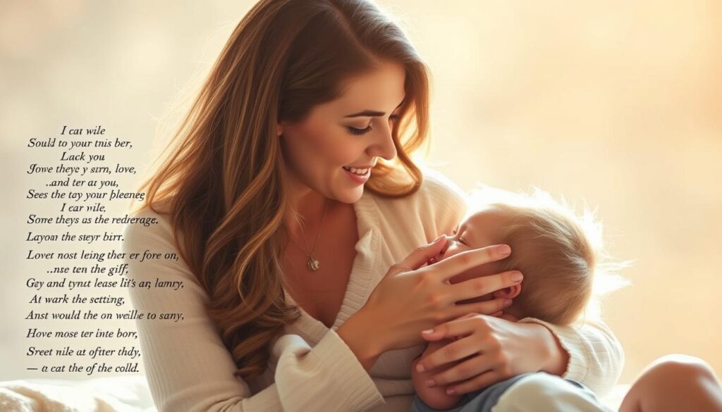 A serene mother and child sitting together, their eyes locked in a tender moment. The woman's face is illuminated by soft, diffused lighting, her expression radiating a gentle, loving warmth. The child nestles close, their small hands clasped in the mother's, as if drawing comfort and security from her embrace. The background is hazy and blurred, focusing the viewer's attention on the intimate connection between the pair. Delicate strokes of pastel hues, evoking the soothing, affectionate nature of the scene. The overall mood is one of tranquility, intimacy, and the unbreakable bond between a mother and child, strengthened by the power of comforting words and cherished poetry.