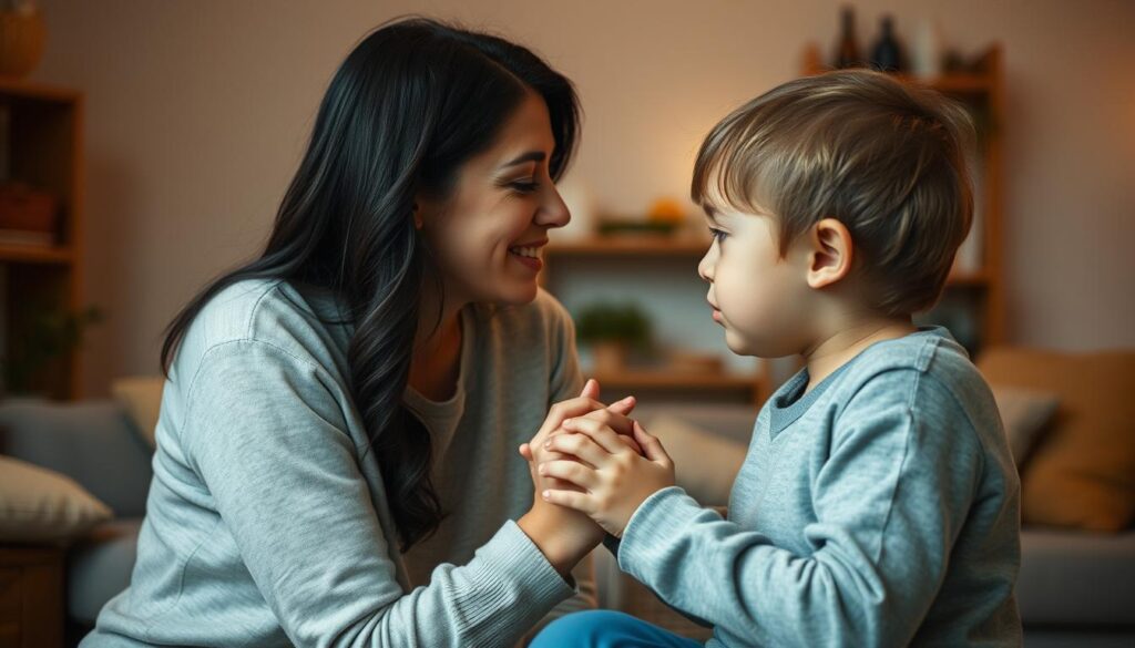A serene mother gazing lovingly at her child, their faces illuminated by the soft, warm light of a cozy domestic setting. The pair sit close, their bodies angled towards each other, hands clasped tenderly as they share a moment of intimate connection. The room's muted tones and gentle blurriness create a sense of tranquility, emphasizing the emotional bond between them. Subtle details like the mother's gentle smile and the child's trusting expression convey the profound love and understanding that binds them. This is a portrait of the profound emotional closeness that can exist between a mother and her child.