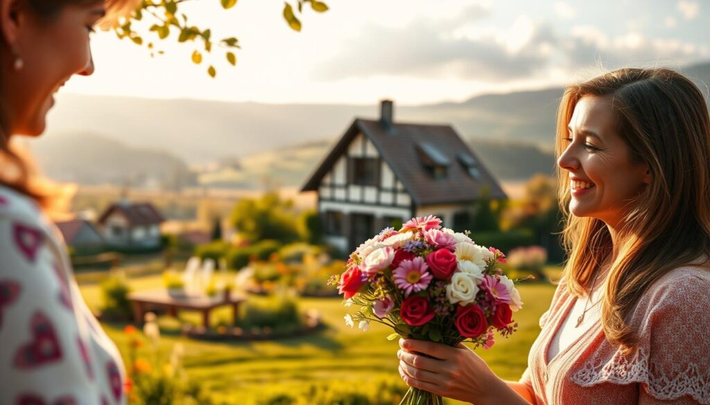 A serene mother's day celebration in an idyllic German countryside setting. In the foreground, a joyful mother smiles as she receives a bouquet of fresh flowers from her young child. The middle ground features a cozy cottage with a picturesque garden, bathed in warm, golden sunlight. In the background, rolling hills and a quaint village paint a scenic, old-world landscape. The overall mood is one of familial love, tradition, and the timeless celebration of motherhood. Soft, diffused lighting creates a nostalgic, painterly aesthetic. Captured with a wide-angle lens to convey a sense of tranquil, pastoral splendor.