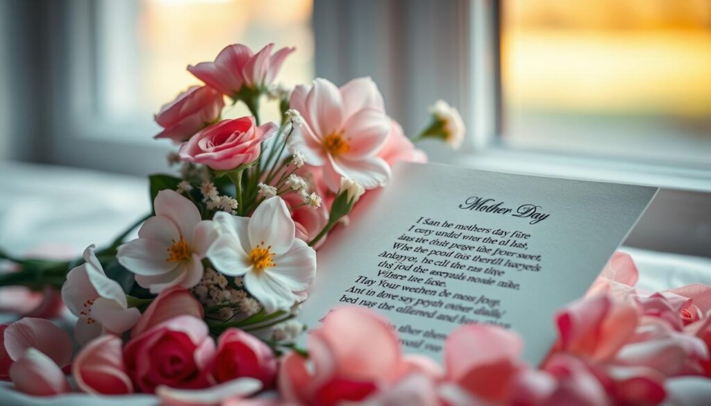 A serene mother's day celebration, with a delicate bouquet of flowers and a handwritten poem nestled amidst the petals. Soft, warm lighting casts a gentle glow, highlighting the beauty of the moment. The poem's words seem to dance across the page, inviting the viewer to pause and reflect on the power of poetic expression. In the background, a blurred window offers a glimpse of a tranquil outdoor scene, further enhancing the sense of intimate and contemplative setting. The overall composition conveys a sense of elegance, tenderness, and the perfect timing to share a heartfelt poetic gesture with a beloved mother.