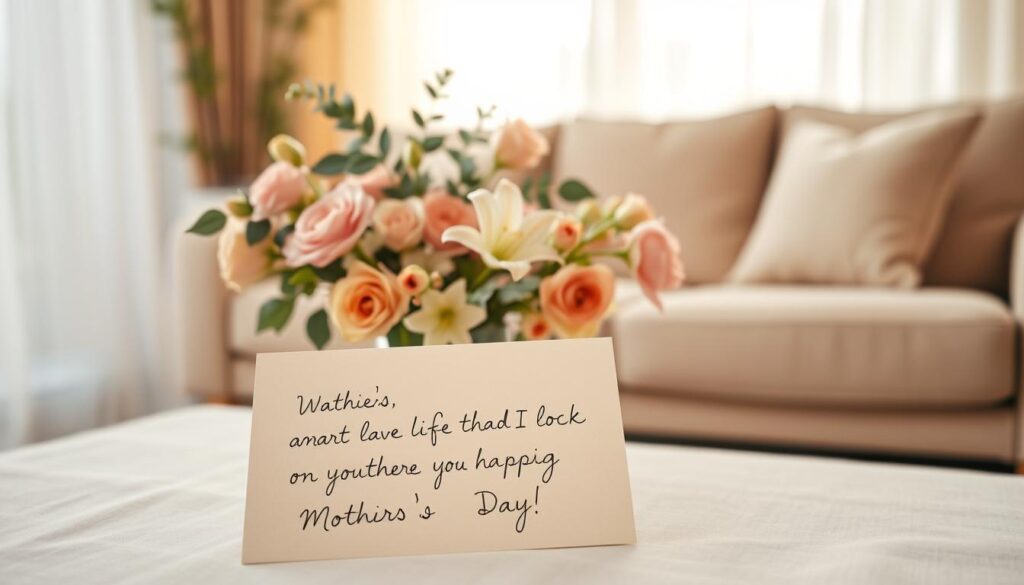 A serene mother's day scene with a touching message from an adult child. In the foreground, a heartfelt handwritten note on a soft beige background, penned with a calligraphy pen in a delicate cursive script. The note conveys a sincere, emotional message of gratitude, admiration, and love for a mother's lifelong care and guidance. In the middle ground, a bouquet of fragrant spring flowers, including pastel roses, lilies, and eucalyptus, arranged in a simple vase. The background is a warm, inviting living room setting, with soft natural lighting filtering through sheer curtains, creating a cozy, intimate atmosphere. The overall composition emanates a heartfelt, introspective mood, reflecting the deep bond between an adult child and their beloved mother.