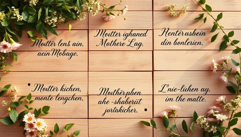 A serene, natural scene showcasing the most beautiful "Muttertagsprüche" (Mother's Day quotes) handwritten in a calligraphic script on artfully weathered wooden planks. The quotes are arranged in an elegant, asymmetric layout, with each one framed by lush greenery and delicate floral accents. Soft, diffused lighting casts a warm, golden glow over the scene, creating a tranquil and inviting atmosphere. The overall composition evokes a sense of appreciation, gratitude, and the timeless bond between mothers and their loved ones.