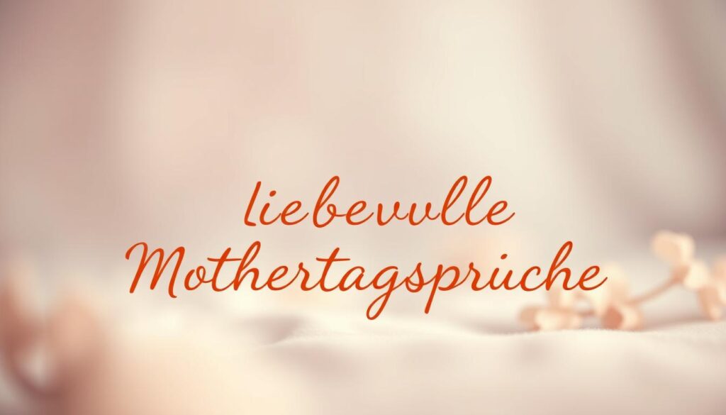 A serene, pastel-hued scene featuring a warm, handwritten cursive text that reads "Liebevolle Muttertagssprüche" against a soft, blurred background. The letters appear to be carefully crafted, with delicate flourishes and a heartfelt, personal touch. The composition places the text in the middle ground, with a gentle, out-of-focus foreground and background that evoke a sense of intimacy and emotional depth. The lighting is soft and diffused, creating a soothing, almost ethereal atmosphere that complements the gentle, loving nature of the text. The overall effect is one of tenderness, connection, and the heartfelt sentiments expressed in the section title.