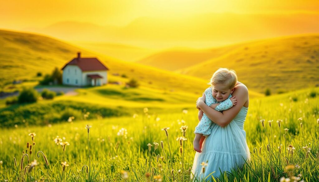 A serene, pastoral scene of a lush, verdant meadow bathed in warm, golden sunlight. In the foreground, a graceful figure representing motherly love and care tenderly embraces a child, their expressions radiating pure affection and contentment. The background features a picturesque cottage nestled among rolling hills, evoking a sense of tranquility and security. Delicate wildflowers dot the landscape, adding pops of vibrant color and natural beauty. The overall mood is one of profound Wertschätzung (appreciation), Fürsorge (care), and Liebe (love), embodying the essence of the article's subject.