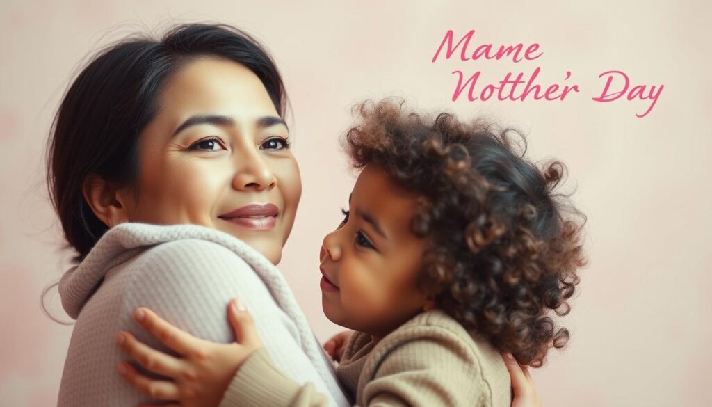 A serene portrait of a mother and her child, captured in a soft, warm lighting. The mother's gaze is filled with love and tenderness as she embraces her child, their connection palpable. The scene is set against a blurred, pastel-hued background, evoking a sense of intimacy and tranquility. The composition is balanced and harmonious, with the figures occupying the foreground, and the background providing a gentle, supportive setting. The overall mood is one of affection, gratitude, and the profound significance of the mother-child bond, perfectly encapsulating the essence of Mother's Day.