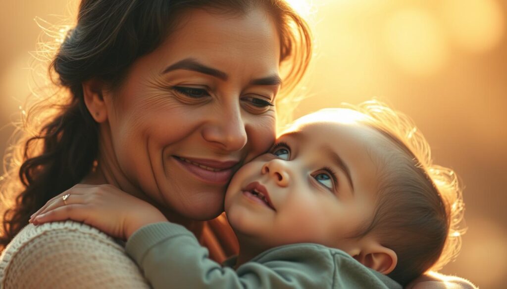 A serene, radiant portrait of a mother embracing her child, their bond visually emanating strength and inspiration. The mother's expression is one of unwavering love and resilience, her eyes shining with wisdom and compassion. The child's face is turned upwards, eyes filled with wonder and admiration. Soft, warm lighting bathes the scene, casting a gentle glow that highlights the tender moment. The background is hazy, allowing the subjects to take center stage, their connection the focal point. Subtle, ethereal details suggest a sense of the divine, hinting at the mother's profound influence and the profound gift of her nurturing presence.