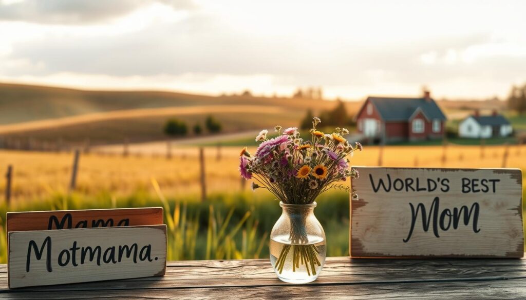 A serene, rustic scene of classic Mother's Day phrases handwritten on wooden signs. In the foreground, a collection of heartfelt messages like "Mama, I love you" and "World's Best Mom" are displayed on weathered planks. The middle ground features a bouquet of freshly picked wildflowers in a simple glass vase, casting a soft, natural light across the scene. In the background, a cozy country setting with rolling hills and a picturesque farmhouse, all bathed in the warm glow of a golden hour sunset. The overall mood is one of timeless, heartfelt appreciation for motherhood.