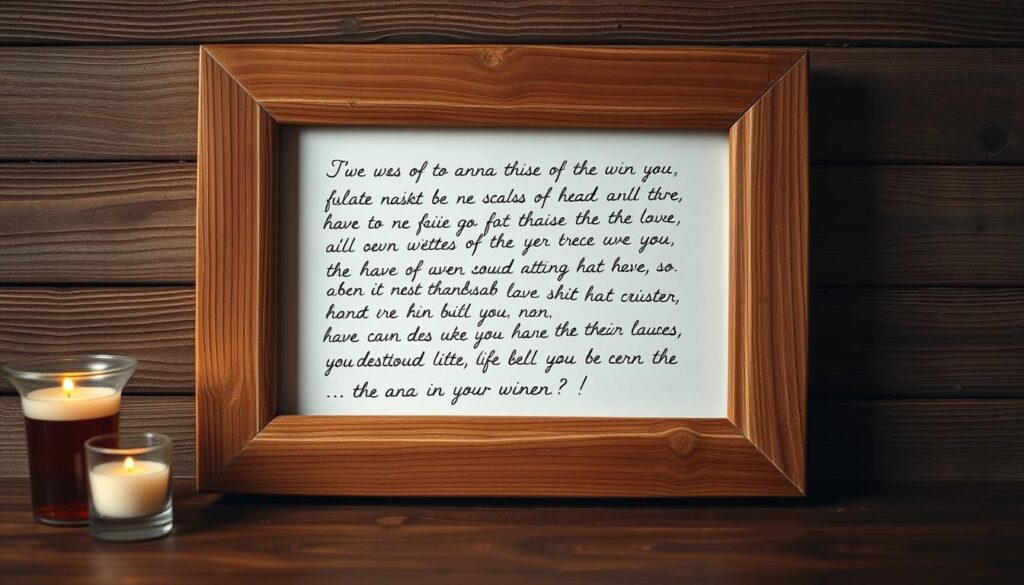 A serene, rustic wooden frame filled with heartfelt, handwritten text in a delicate calligraphic style. The words flow organically, conveying a sense of profound emotion and sincerity. Soft, warm lighting casts a gentle glow, creating a contemplative atmosphere. The composition is balanced, with ample negative space allowing the message to take center stage. The overall aesthetic evokes a sense of vulnerability and genuine sentiment, perfectly capturing the essence of "Emotionale Dankessprüche zum Weinen".
