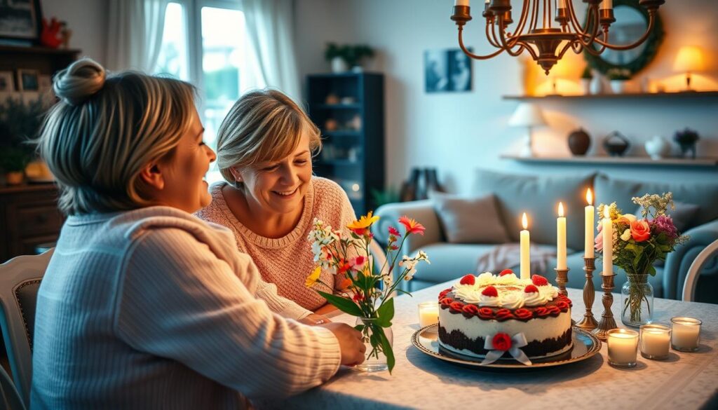 A serene scene of a German family celebrating Mother's Day. In the foreground, a mother and child embracing, their faces filled with joy and tenderness. The middle ground features a beautifully set table, adorned with fresh flowers, candles, and a homemade cake. In the background, a cozy living room with warm lighting and family heirlooms, conveying a sense of tradition and generational connection. The overall atmosphere is one of gratitude, love, and the profound importance of motherhood in German culture.
