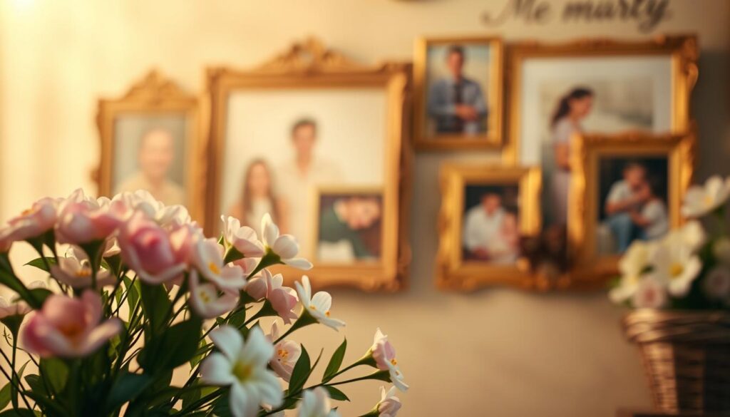 A serene scene of a mother's life journey, captured in a warm, nostalgic light. In the foreground, a bouquet of delicate flowers, each petal a symbol of the special occasions that dot her path - birthdays, anniversaries, and moments of pure joy. The middle ground reveals a collage of cherished photographs, framed in ornate gold, preserving memories of milestones and milestones yet to come. In the background, a soft, ethereal glow illuminates the scene, as if the very air is imbued with the love and appreciation that this special woman inspires. A gentle, timeless atmosphere envelops the whole, inviting the viewer to pause and reflect on the meaningful events that have shaped a mother's life.