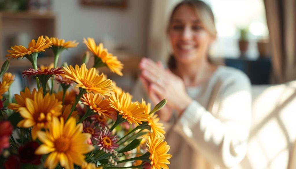 A serene scene of gratitude for mothers, captured in a warm, soft-focus portrait. In the foreground, a bouquet of vibrant flowers in earthy tones, their delicate petals gently illuminated by natural light streaming through a window. In the middle ground, the hands of a woman, likely a mother, clasped in a gesture of appreciation, her expression one of quiet joy and contentment. The background is a cozy, domestic setting, with subtle hints of a lived-in home, creating a sense of comfort and familiarity. The overall mood is one of reverence, appreciation, and a deep, heartfelt connection between a mother and those who cherish her. Captured with a shallow depth of field, creating a dreamlike, intimate atmosphere.